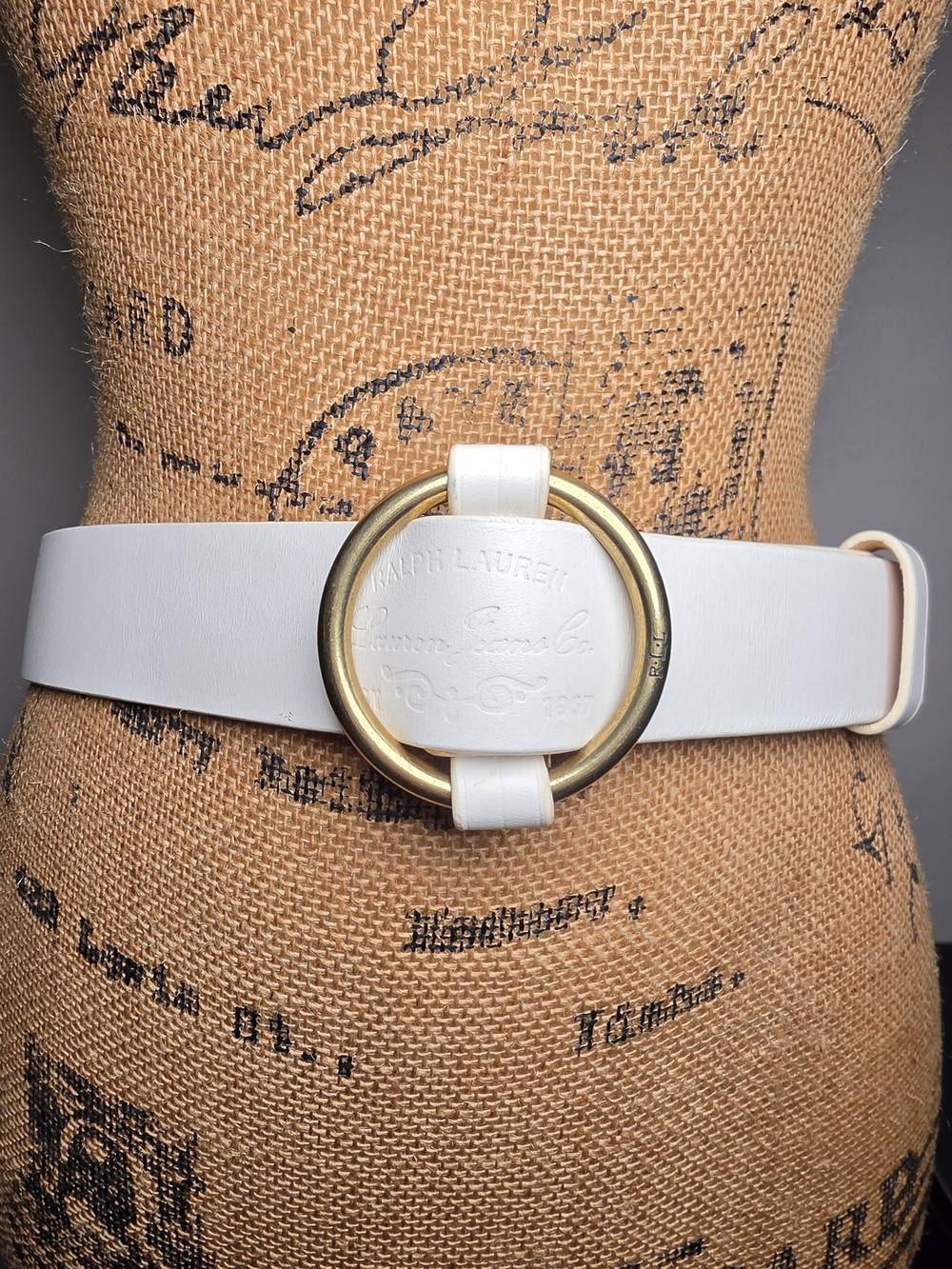 Lauren Ralph Lauren White Leather Belt with Gold Ring Buckle